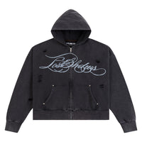 Distressed Script Zip Up Hoodie | Black
