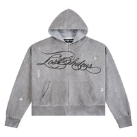 Distressed Script Zip Up Hoodie | Grey