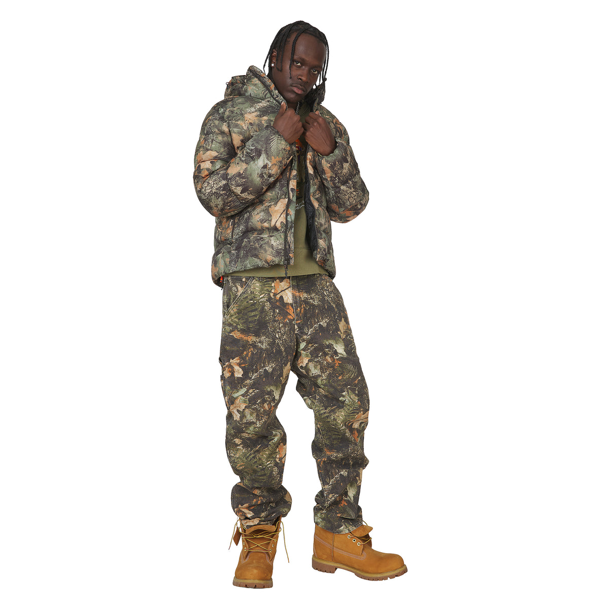 Polo Ralph Lauren Forest Print Down Jacket, Canvas Woven Pant Aspen Ridge and Timberland 6 inch boots